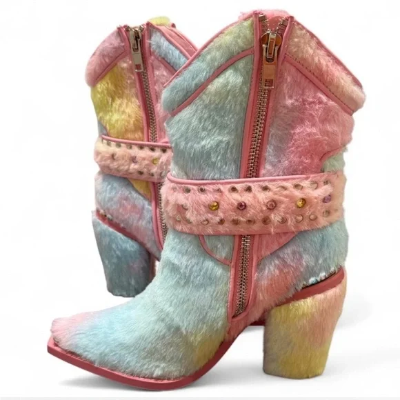 Club Exx Sharp Sheriff Shine Cowboy Boots Rainbow Faux Fur & Rhinestones, Rave - Picture 6 of 11
